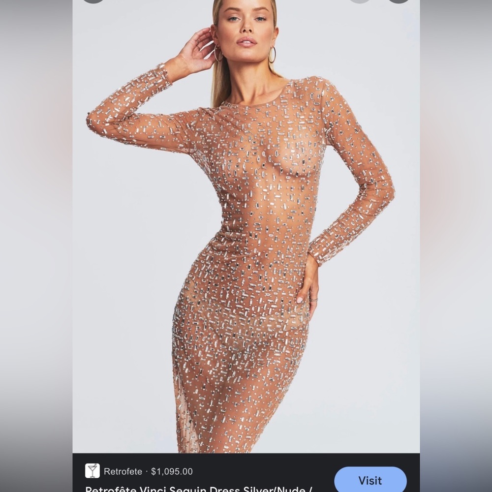 Retrofete Vinci Dress long sleeve crystal embellished gown nude